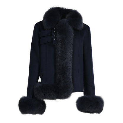 Short Style Handmade Sew Cashmere Coat Removable Fox Fur Cuffs And Stand Collar