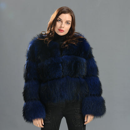 Crew Neck Warm Real Fluffy Fur Coat