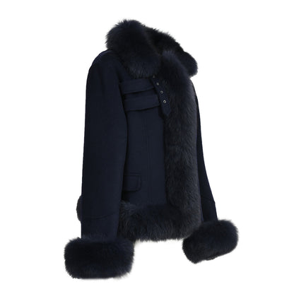 Short Style Handmade Sew Cashmere Coat Removable Fox Fur Cuffs And Stand Collar