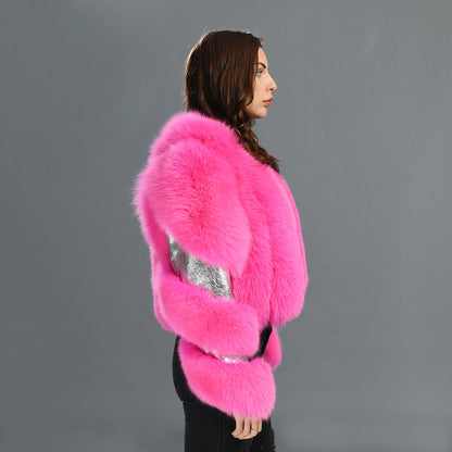 Special Design Real Fluffy Fox Fur Fur Sheep Shearing Sheepskin lapel Suede Jacket For Women