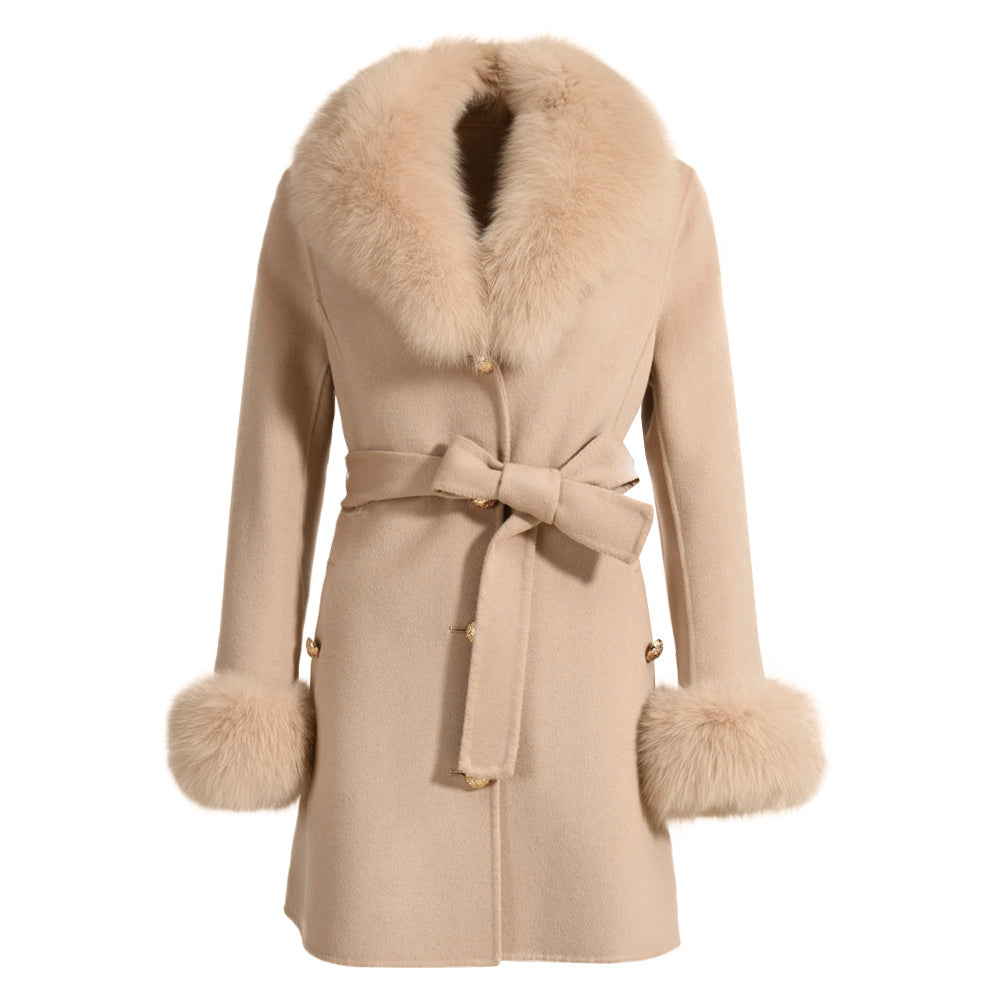 Luxurious Ladies Cashmere Coat with Real Fox Fur Collar and Cuffs