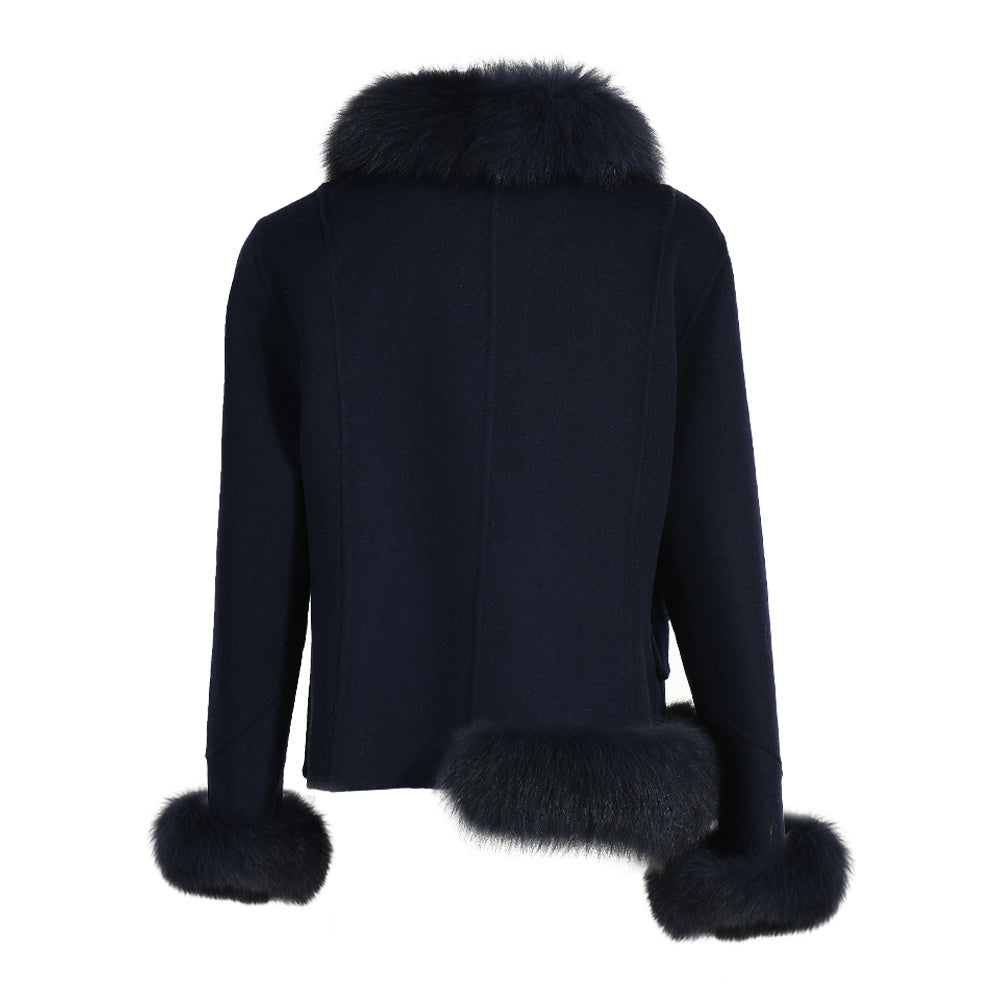 Short Style Handmade Sew Cashmere Coat Removable Fox Fur Cuffs And Stand Collar