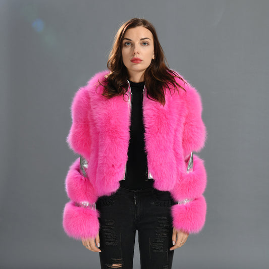 Special Design Real Fluffy Fox Fur Fur Sheep Shearing Sheepskin lapel Suede Jacket For Women