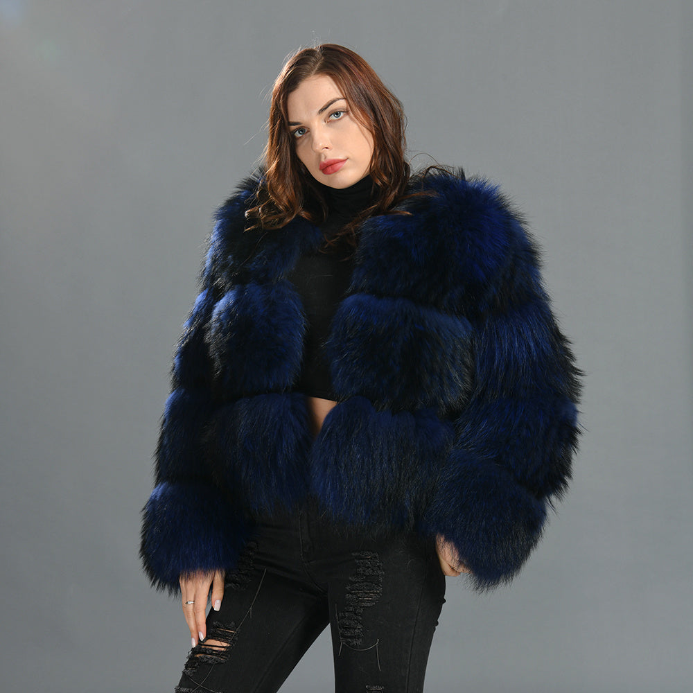 Crew Neck Warm Real Fluffy Fur Coat