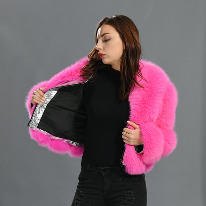 Special Design Real Fluffy Fox Fur Fur Sheep Shearing Sheepskin lapel Suede Jacket For Women