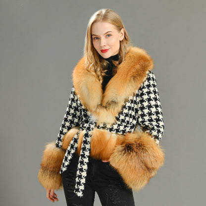 Luxury Style Natural Red Fox Fur Collar Soft Wool Jacket Satin Lining Women Winter Woolen Jacket Coat