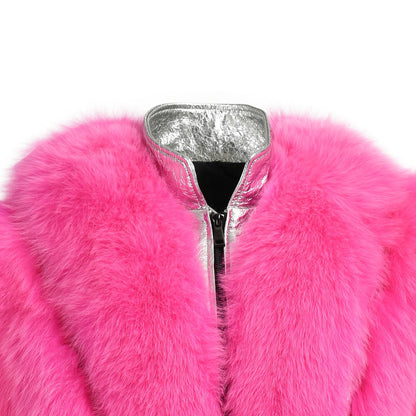 Special Design Real Fluffy Fox Fur Fur Sheep Shearing Sheepskin lapel Suede Jacket For Women