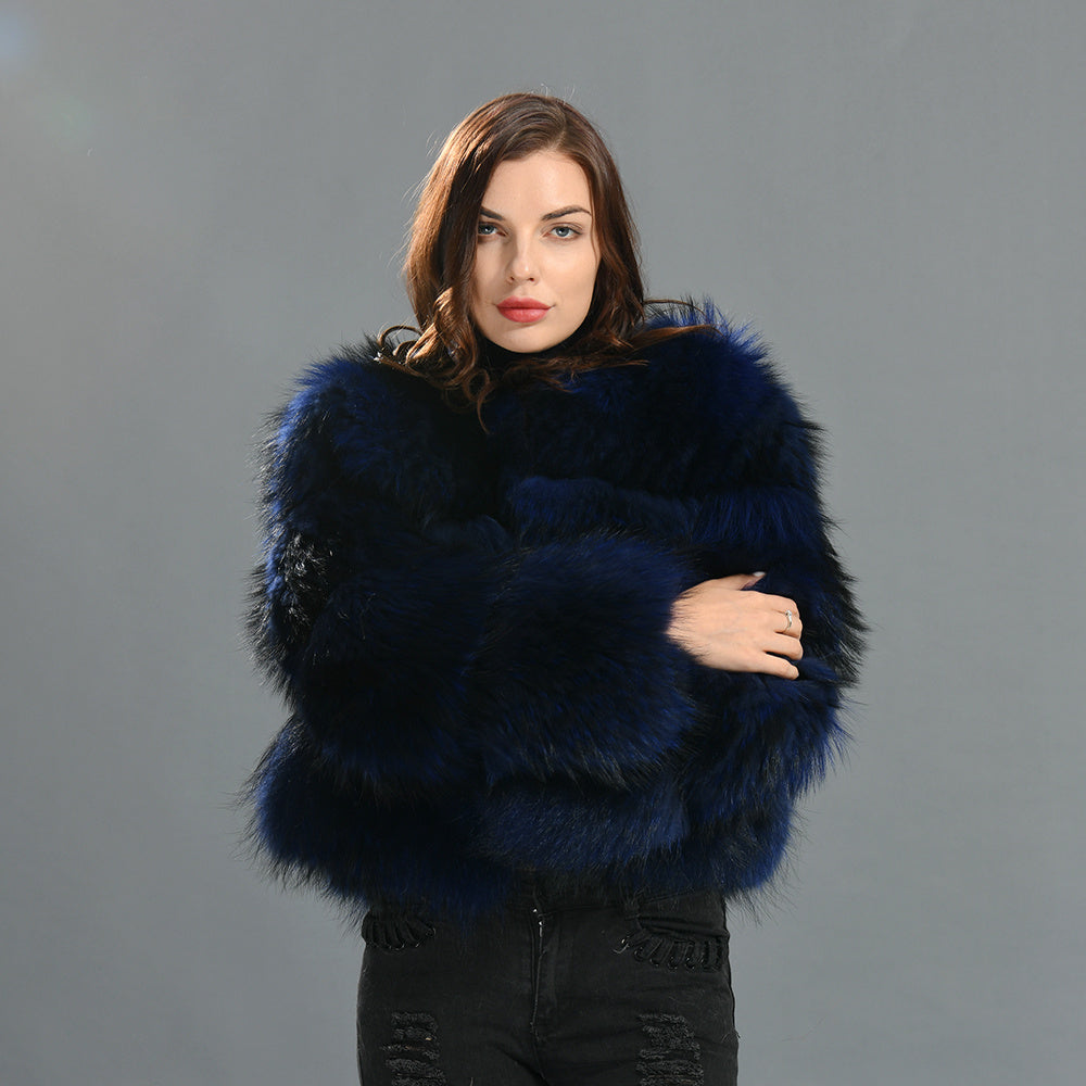 Crew Neck Warm Real Fluffy Fur Coat