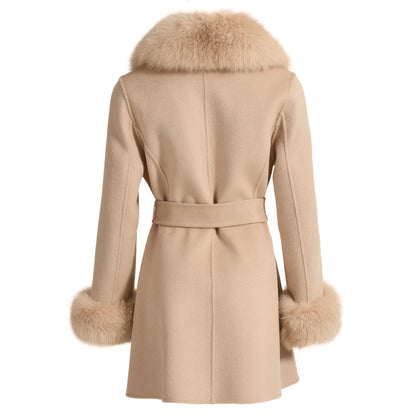 Luxurious Ladies Cashmere Coat with Real Fox Fur Collar and Cuffs