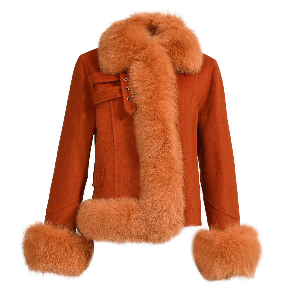 Short Style Handmade Sew Cashmere Coat Removable Fox Fur Cuffs And Stand Collar