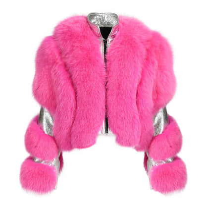 Special Design Real Fluffy Fox Fur Fur Sheep Shearing Sheepskin lapel Suede Jacket For Women