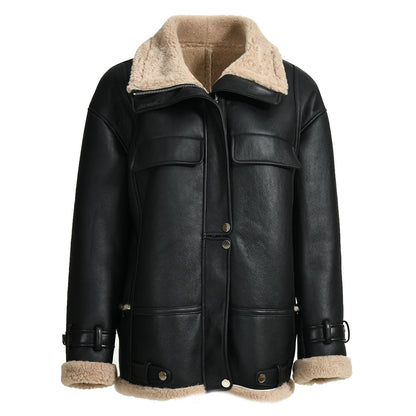 Winter Warm Thick Genuine Leather Jacket Turtle Neck Lamb Fur Jacket Women Fur Sheep Shearling Coat