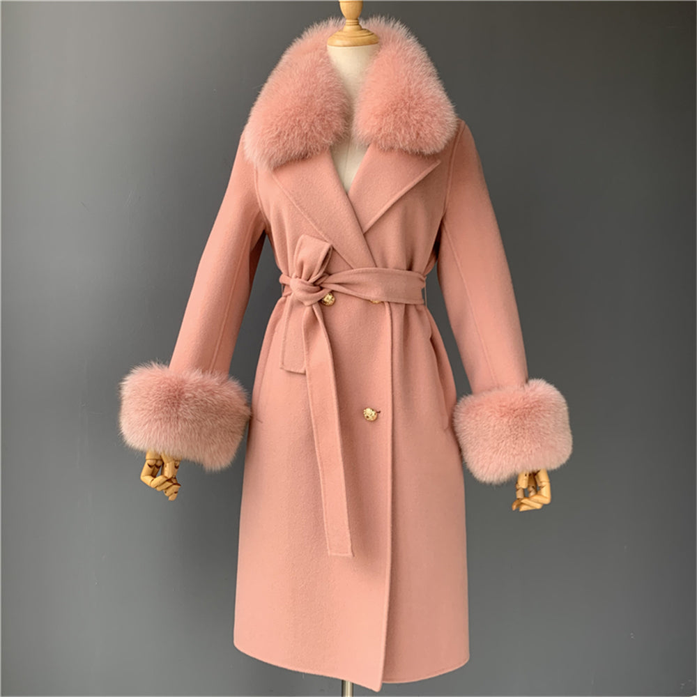 Jaxmonoy Slim Ladies Cashmere Coat Long Overcoat Real Fox Fur With Double-breasted