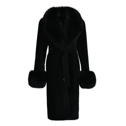 Winter Ladies Long Lamb Fur Fleece Jacket Custom Color Genuine Sheep Shearling Fox Fur Collar Teddy Bear Coat Women