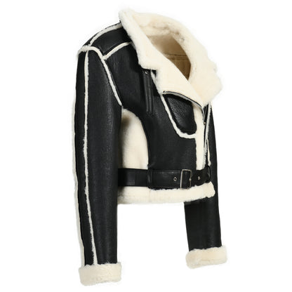 Turn-down Collar Belt Design Genuine Shearling Jacket With Sheep Fur Lining Winter Women Real Shearling Jacket