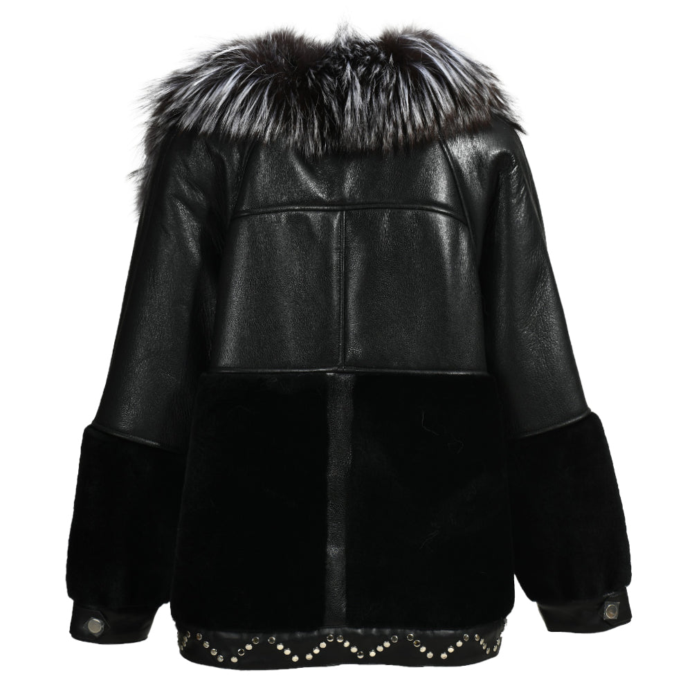 Winter Warm Thick Shearling Coat With Luxury Fox Fur Collar High Quality Genuine Leather Shearling Jacket Women Custom