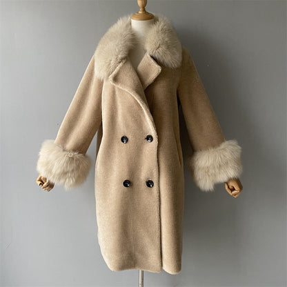 Warm Custom Long Sheep Teddy Coat With Real Fox Fur Collar And Cuffs Winter Women Warm Teddy Bear Coat