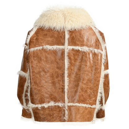 Cropped Sheepskin Leather Jacket With Real Sheep Fur Women