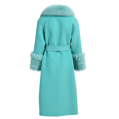 Colorful Long Cashmere Coat With Real Fox Fur Winter Fashion Trench Coat