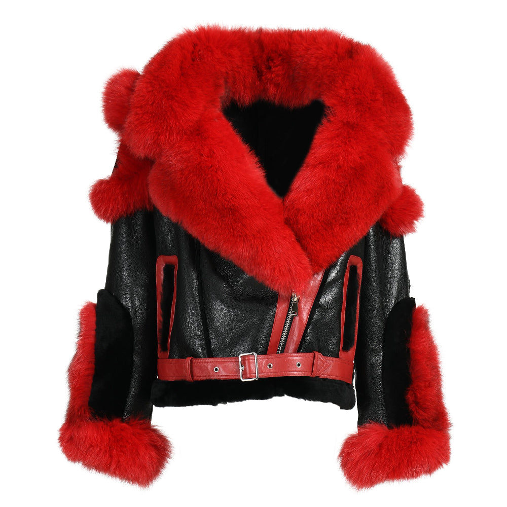 New Design Real Fox Fur Collar And Trim Genuine Leather Belt Fashion Women Leather Shearling Custom Coat