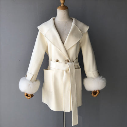 Jaxmonoy Women Cashmere Coat With Fur Cuffs