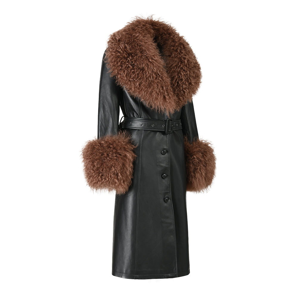 Genuine Sheepskin Leather Coat With Real Sheep Fur Collar And Cuffs