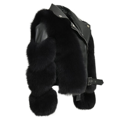 Turn-down Collar Real Fox Fur Zipper Belt Design Custom Genuine Leather Jacket Women