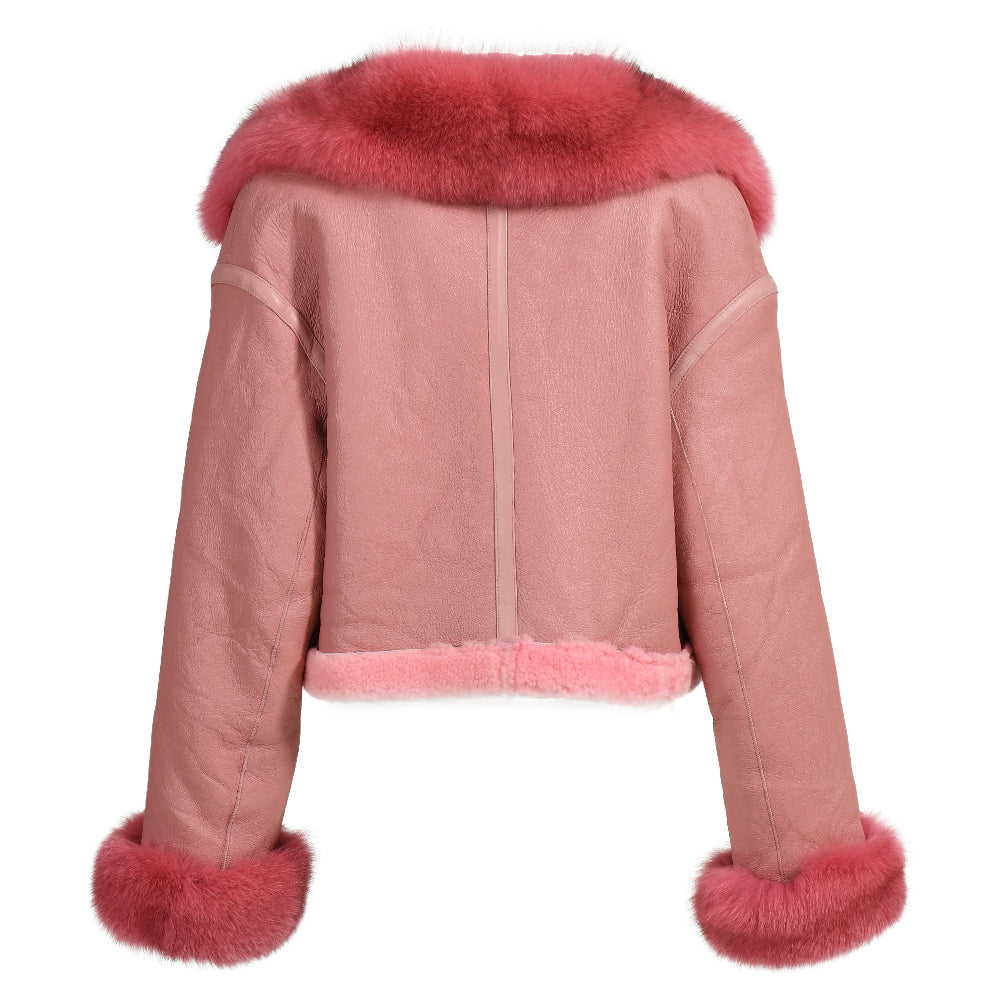 Women Genuine Cropped Sheepskin Leather Jacket With Real Fox Fur