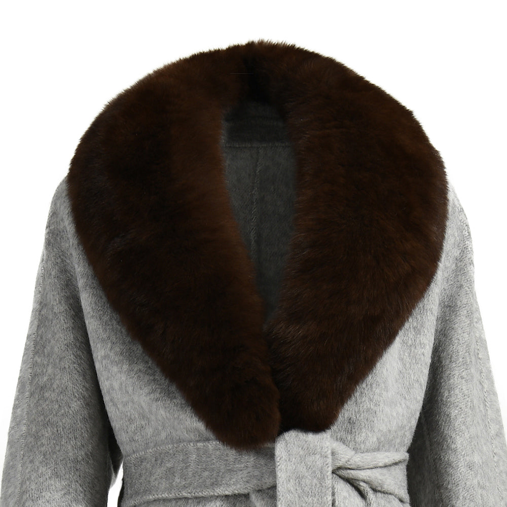 Winter Wholesale Custom High Quality Belt Design Cashmere Coat With Real Fox Fur Women Double-sided Wool Long Coat