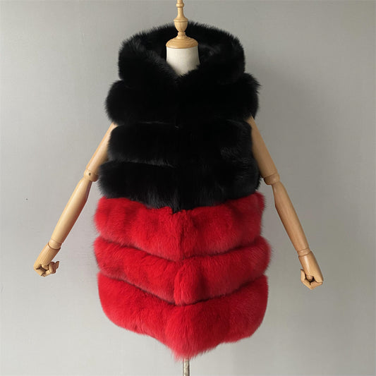 Warm Winter Wholesale Mixed Color Real Fox Fur Gilet Vest With Hood Design Fashion Women Fox Fur Vest Real