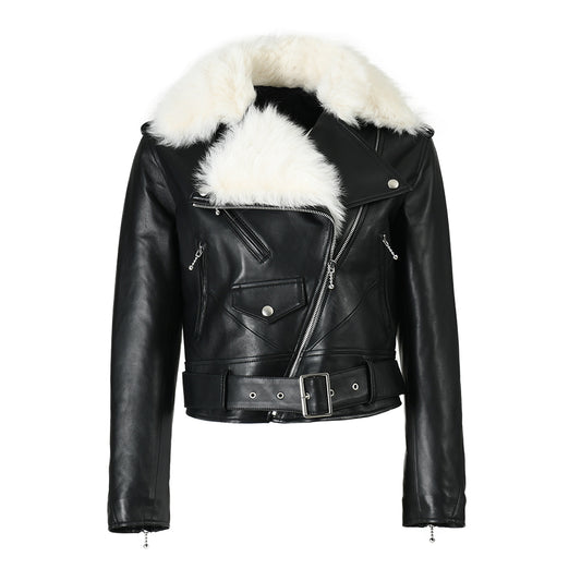 Sheepskin Leather Jacket With Fur And Belt Design