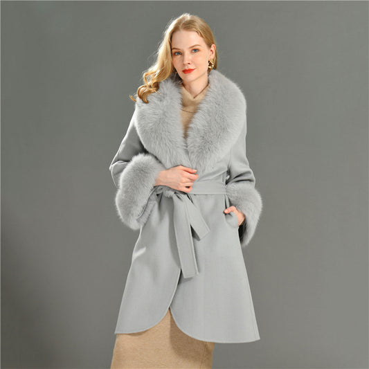 Jaxmonoy Fashionable Women Cashmere Coat With Big Real Fur Collar And Cuffs