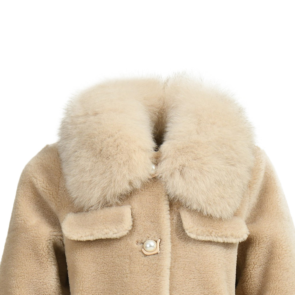 Children Long Sheep Fur Teddy Coat With Real Fox Fur Collar And Cuffs