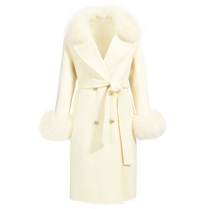 Jaxmonoy Slim Ladies Cashmere Coat Long Overcoat Real Fox Fur With Double-breasted