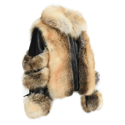 Winter Thick Windproof Real Fox Fur Coat With Zipper And Belt Design Women Genuine Leather Fur Jacket