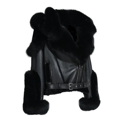 New Design Real Fox Fur Collar And Trim Genuine Leather Belt Fashion Women Leather Shearling Custom Coat