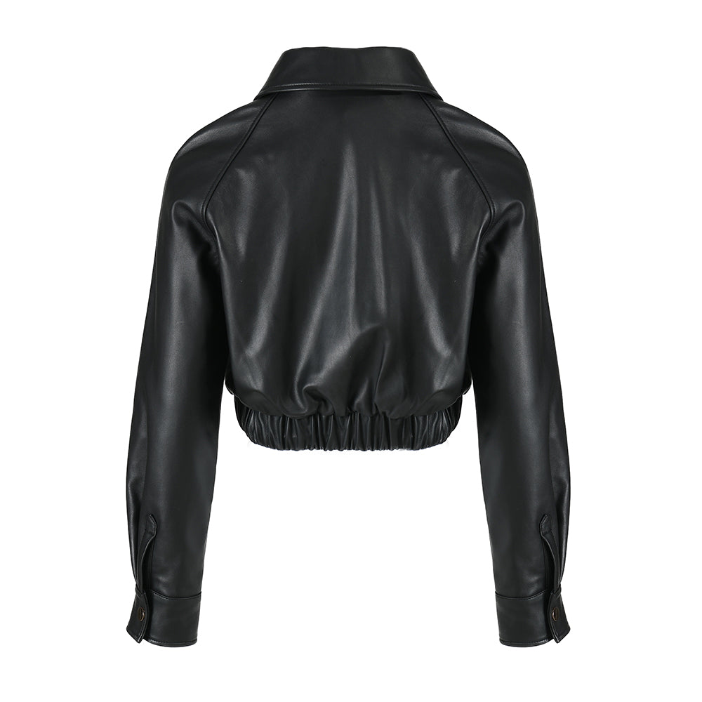 Cropped Turn-down Collar Real Sheepskin Leather Jacket For Women