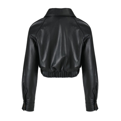 Cropped Turn-down Collar Real Sheepskin Leather Jacket For Women