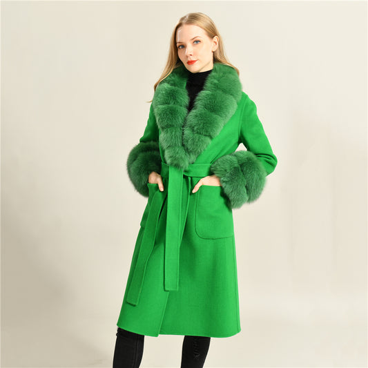 Jaxmonoy Slim Cashmere Coat Long Style Overcoat With Big Real Fur Collar And Double Cuffs