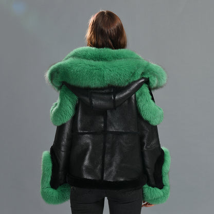 New Design Real Fox Fur Collar And Trim Genuine Leather Belt Fashion Women Leather Shearling Custom Coat