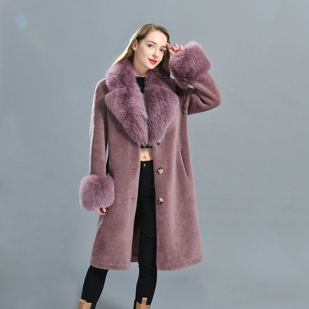 Winter Ladies Long Lamb Fur Fleece Jacket Custom Color Genuine Sheep Shearling Fox Fur Collar Teddy Bear Coat Women