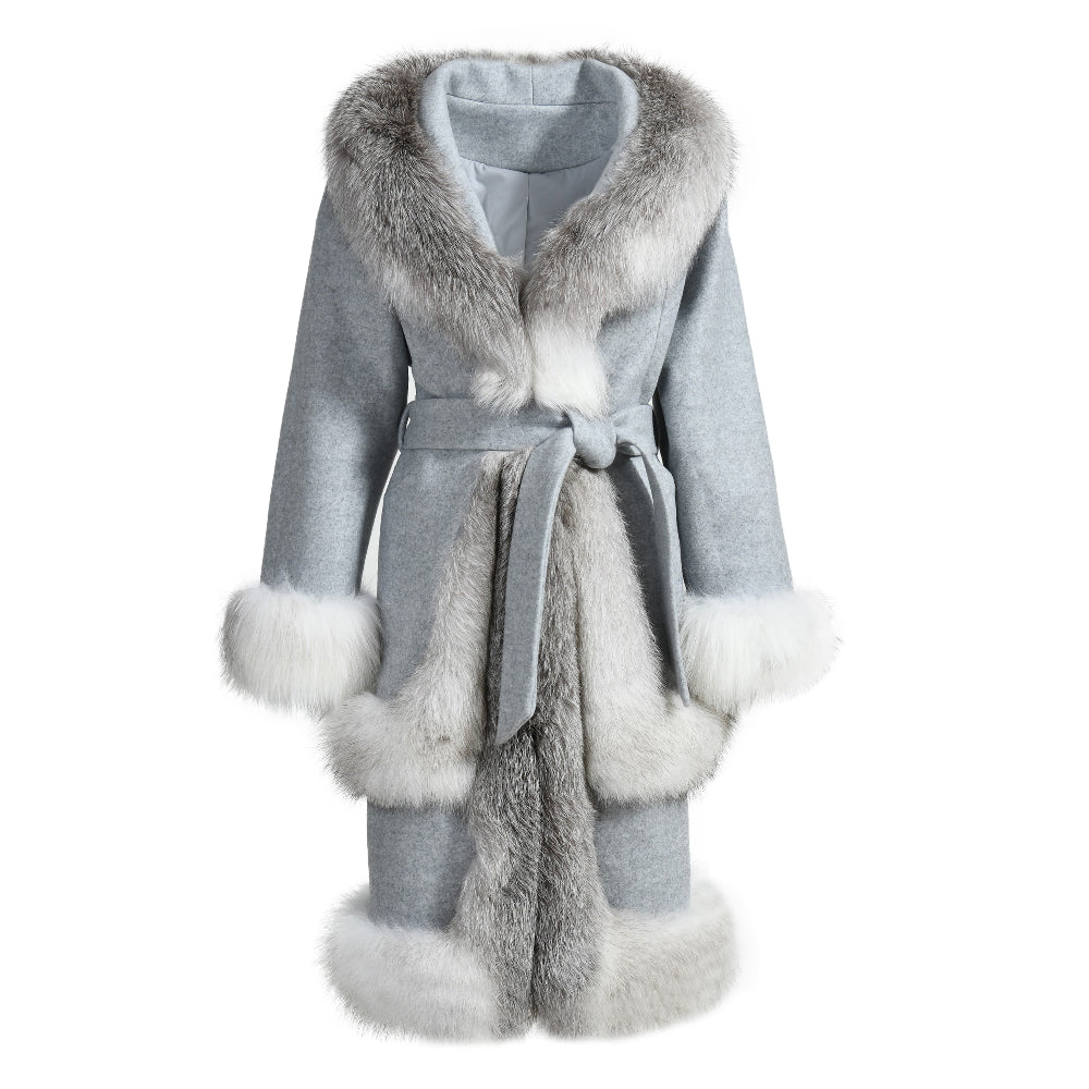 Winter Hot Sale Double-faced Wool Coat With Luxury Fox Fur Trim Belt Design Fashion Women Cashmere Long Coat Plus Size