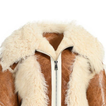 Cropped Sheepskin Leather Jacket With Real Sheep Fur Women