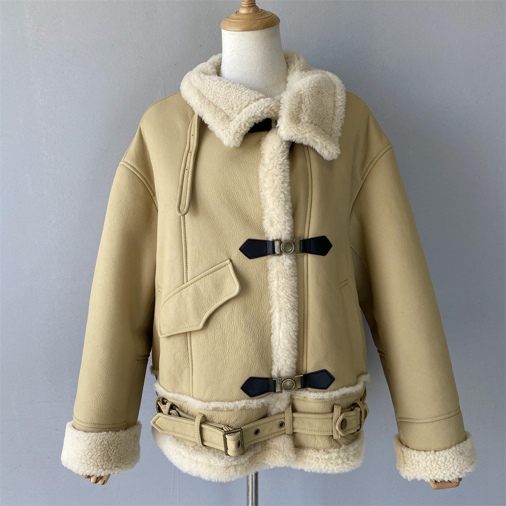 Warm Shearling Coat With Real Sheep Fur Belt Design Winter Women Genuine Shearling Jacket