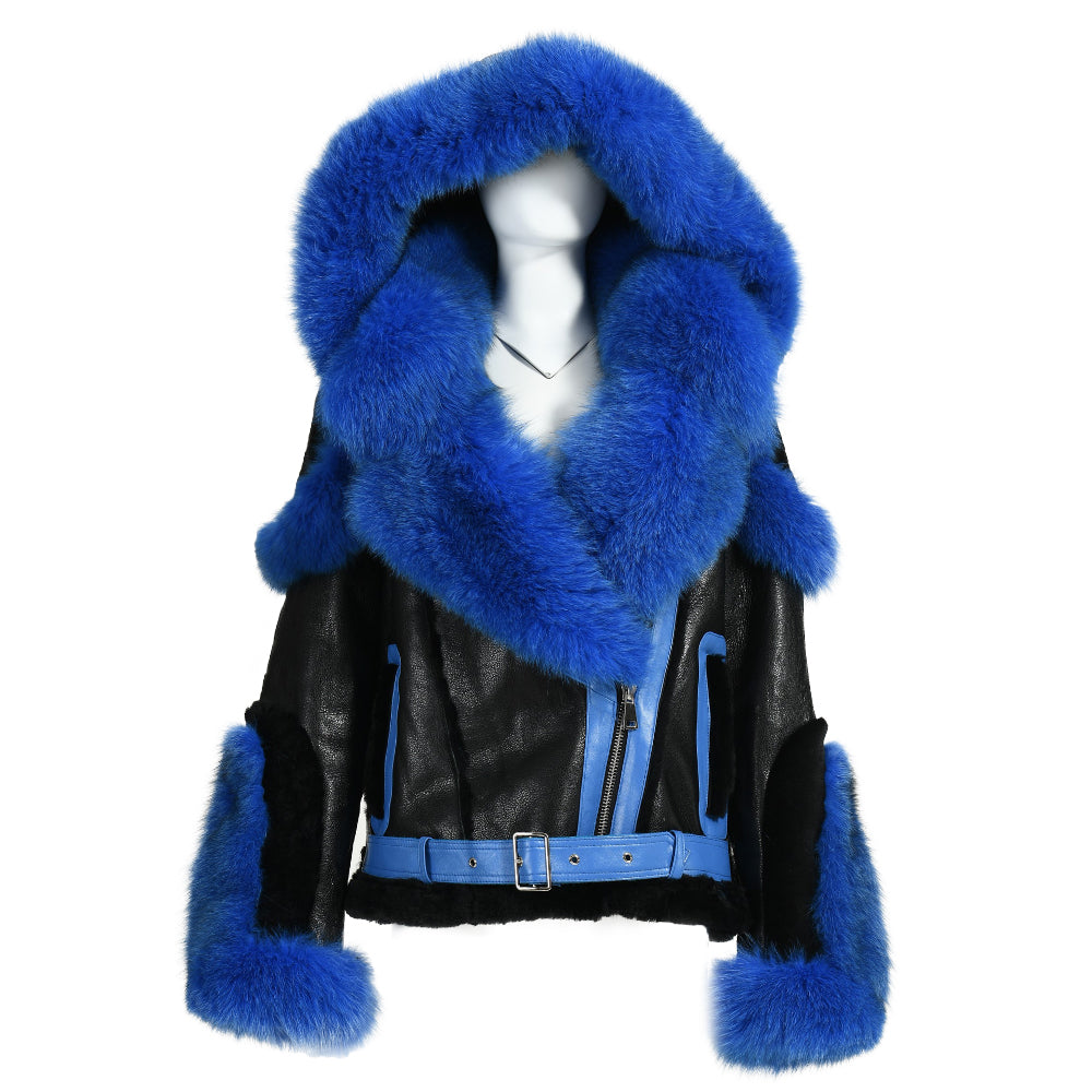 New Design Real Fox Fur Collar And Trim Genuine Leather Belt Fashion Women Leather Shearling Custom Coat