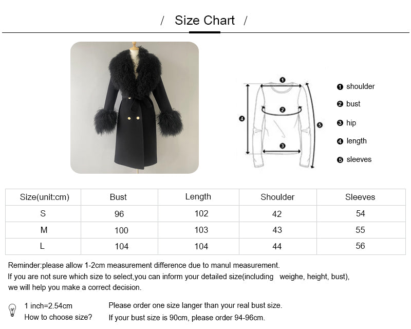 Winter Custom Long Wool Coat With Real Mongolian Fur Collar And Cuffs