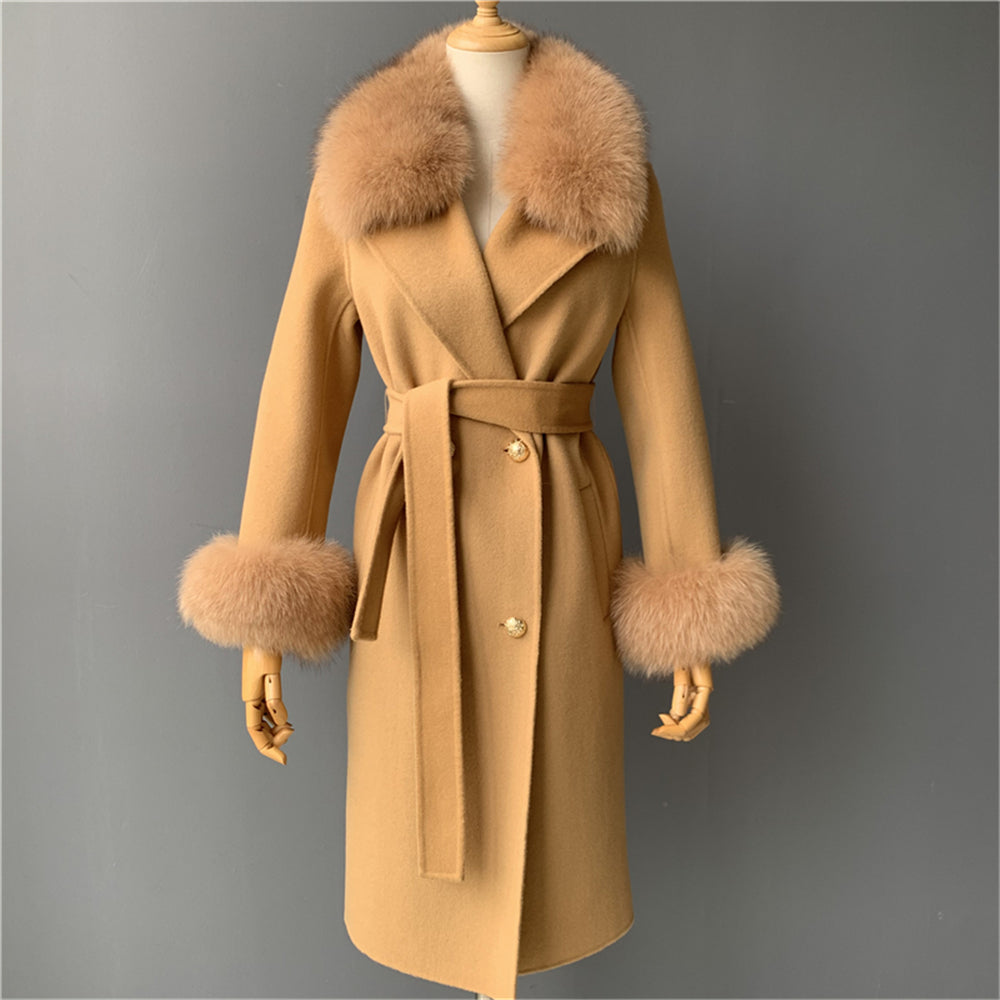 Jaxmonoy Slim Ladies Cashmere Coat Long Overcoat Real Fox Fur With Double-breasted