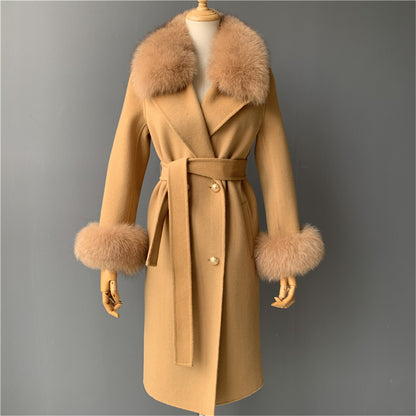 Jaxmonoy Slim Ladies Cashmere Coat Long Overcoat Real Fox Fur With Double-breasted