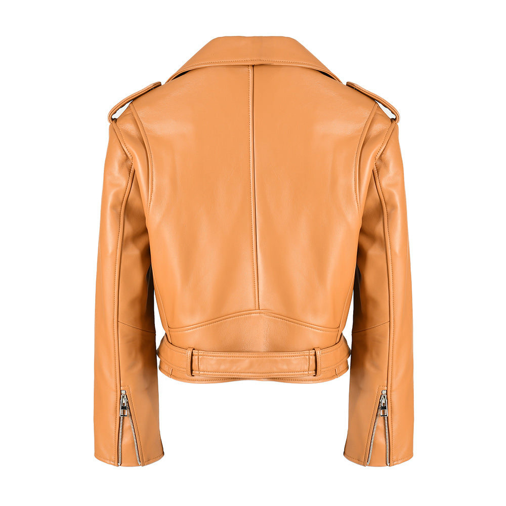 Spring Pure Color Genuine Leather Jackets With Belt And Zipper