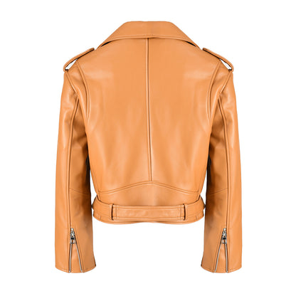 Spring Pure Color Genuine Leather Jackets With Belt And Zipper